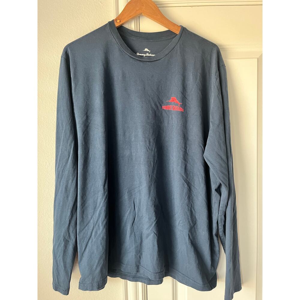Tommy Bahama Mens XL Navy Blue Long Sleeve "Six Pack Labs" Tee 100% Cotton